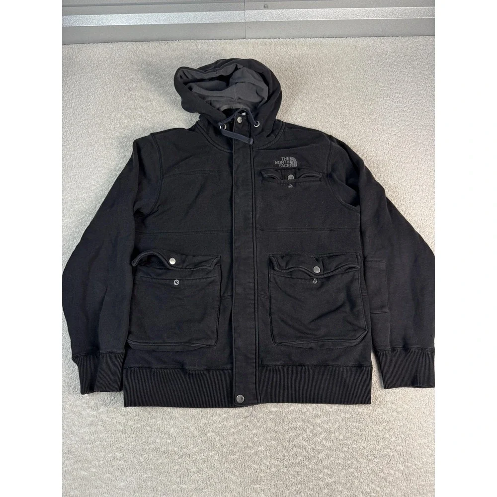 The North Face Jacket Mens Large Black Hooded Fleece Lined Snap Front Full Zip